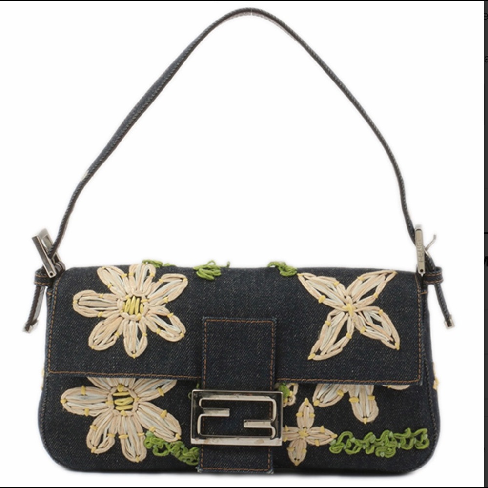 Fendi Denim Mamma Floral Baguette Shoulder bag, denim blue.